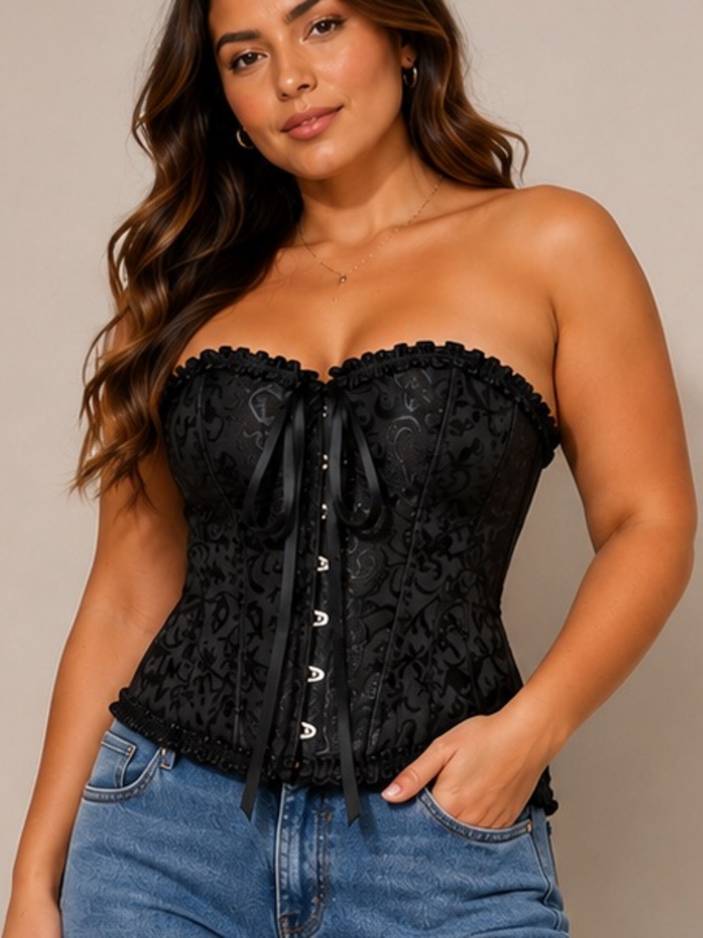 Black Brocade Corset Top XXL Gothic Lace-Up Bustier Coquette Y2K NWOT 🔥🔥🔥 Sexy